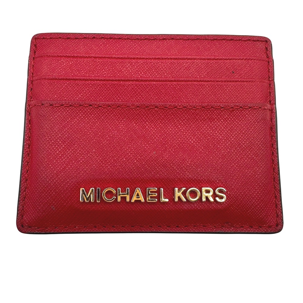 Michael Kors Red Saffiano Leather Card Holder Wallet with ID Window Gold Logo